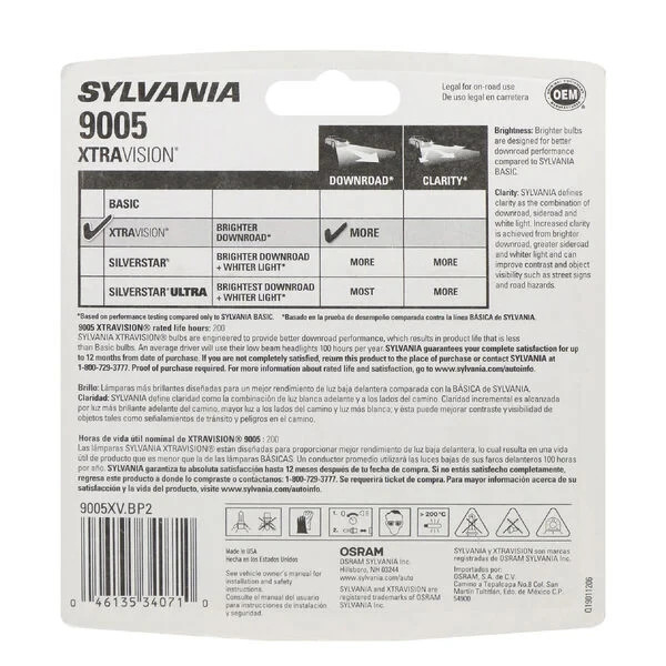 Sylvania 9005 XtraVision Halogen High Performance Headlight, 2 Bulbs BRAND NEW