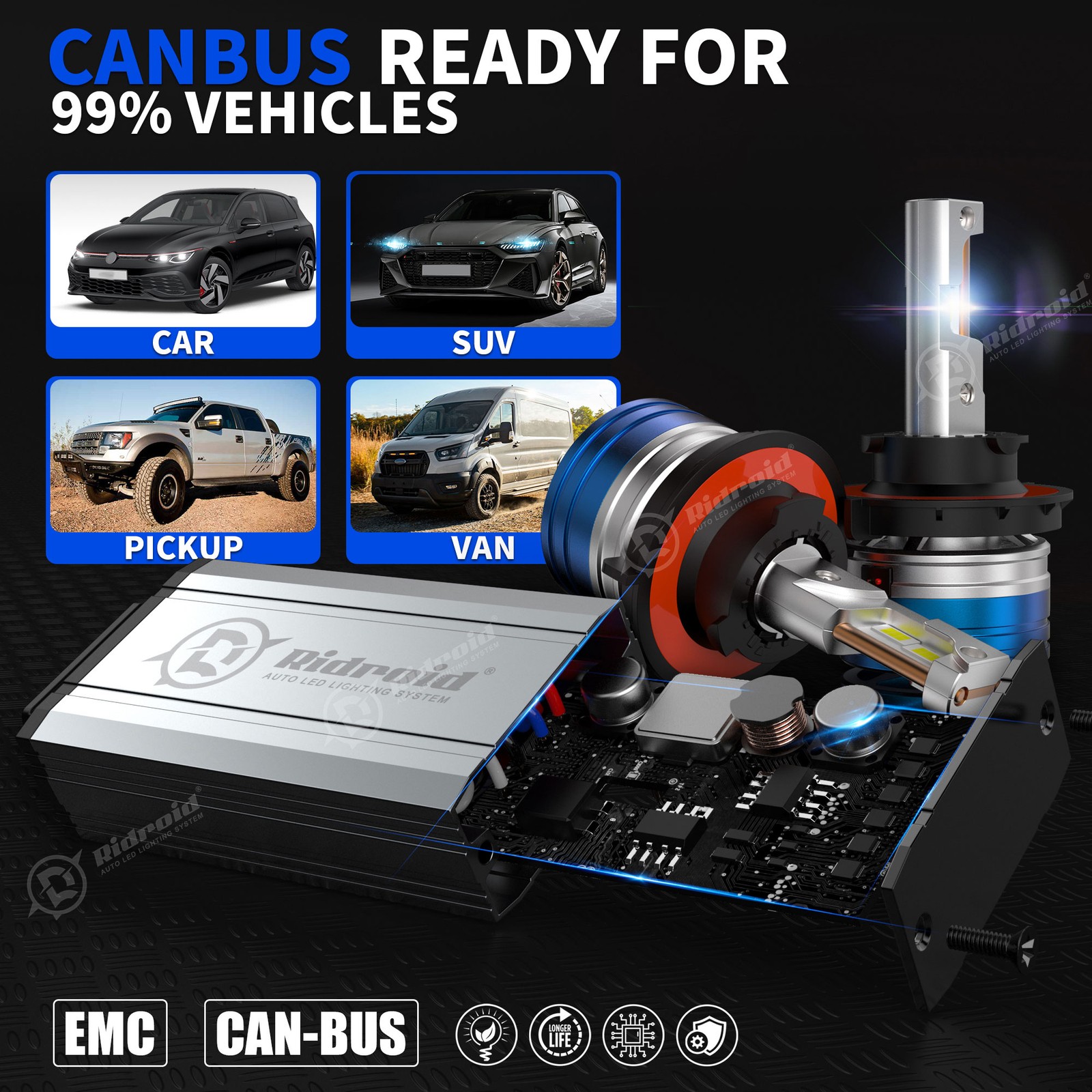 H13 9008 LED Headlight Bulbs Kit High Low Beam 6500K Super Bright White 720000LM