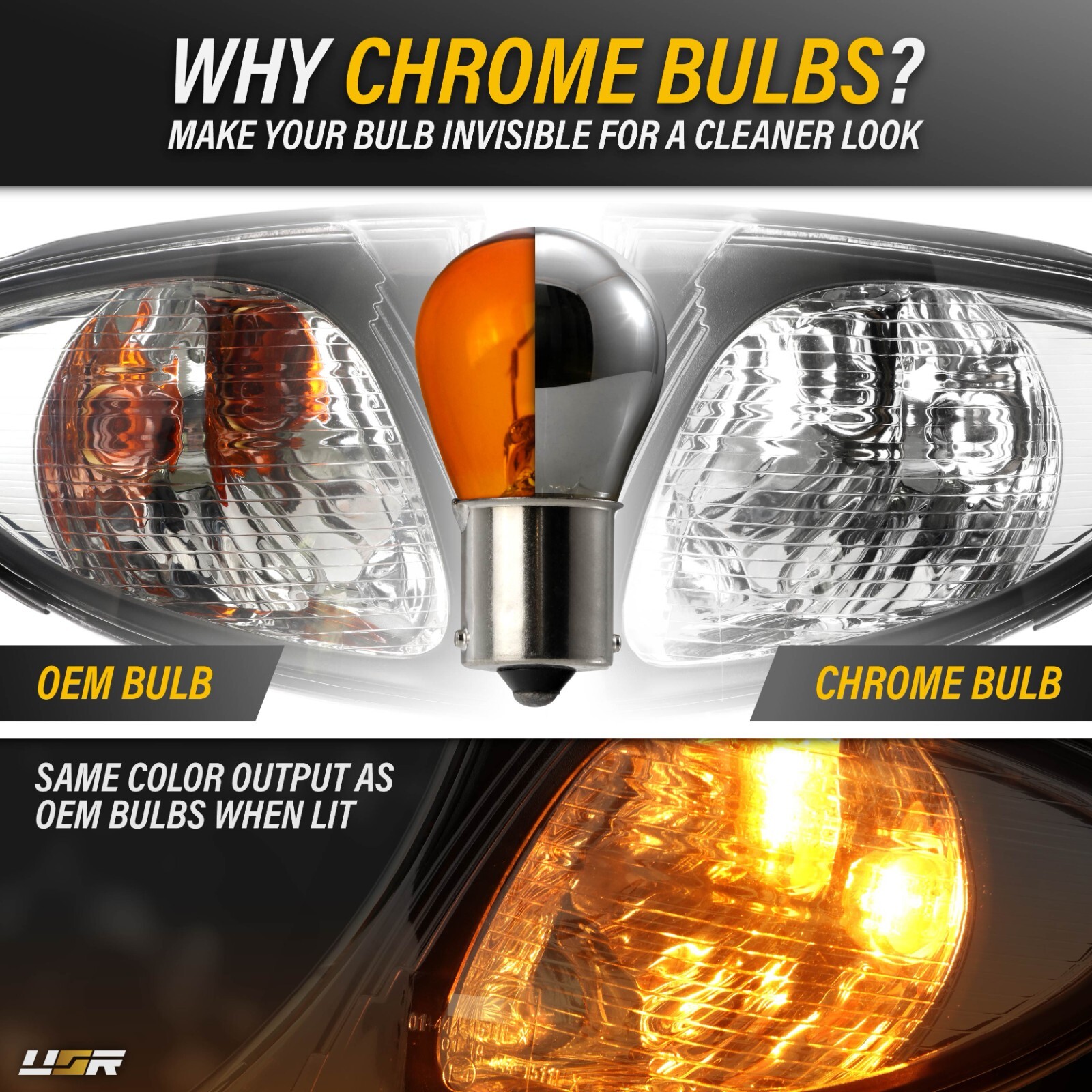 7506 / 1156 Straight Pin Single Filament Stealth Chrome Amber Halogen Bulbs Pair