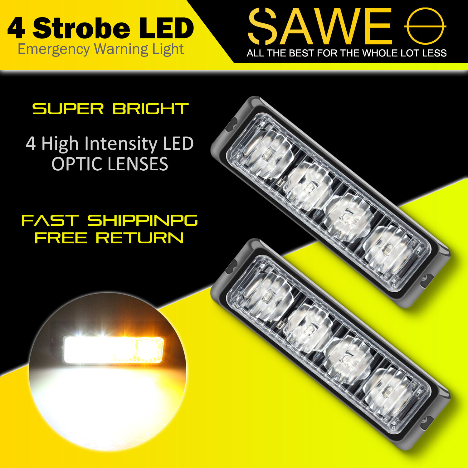 2 x Amber White 4 LED Truck Car ATV Hazard Flash Strobe Lights