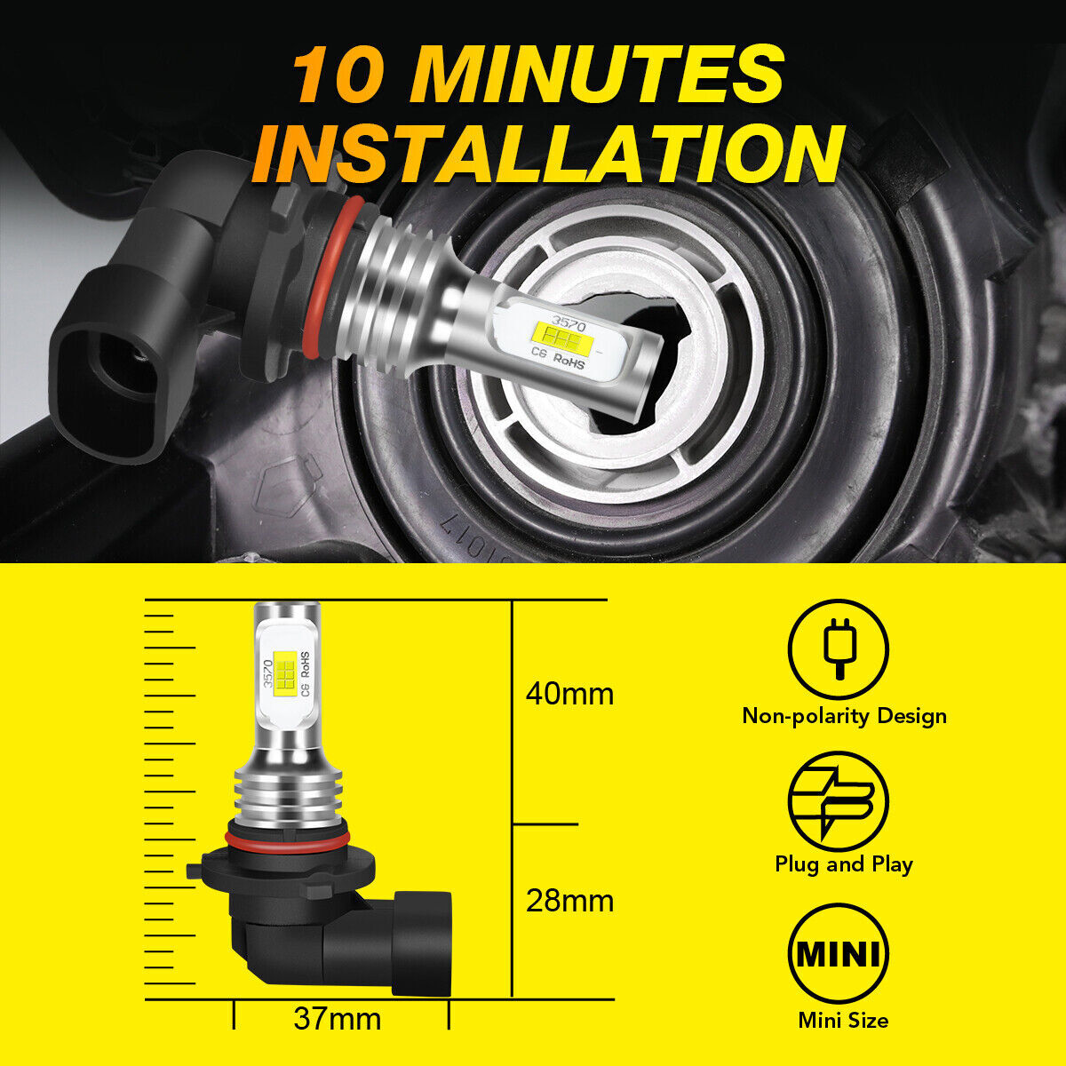 9005 LED Headlight Bulbs Conversion Kit HB3 High Beam 6000K White Super Bright