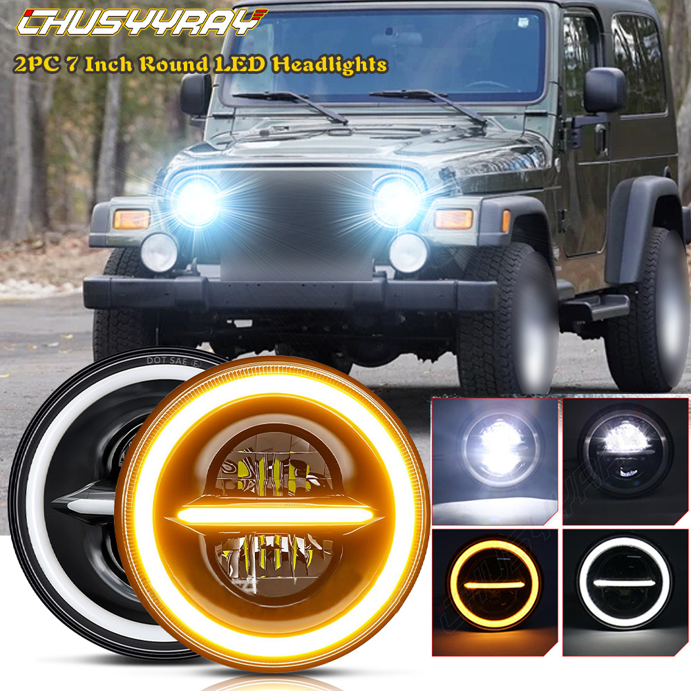 PAIR 7″ Inch round led headlights For Jeep Wrangler JK CJ LJ TJ Haloangel Eyes