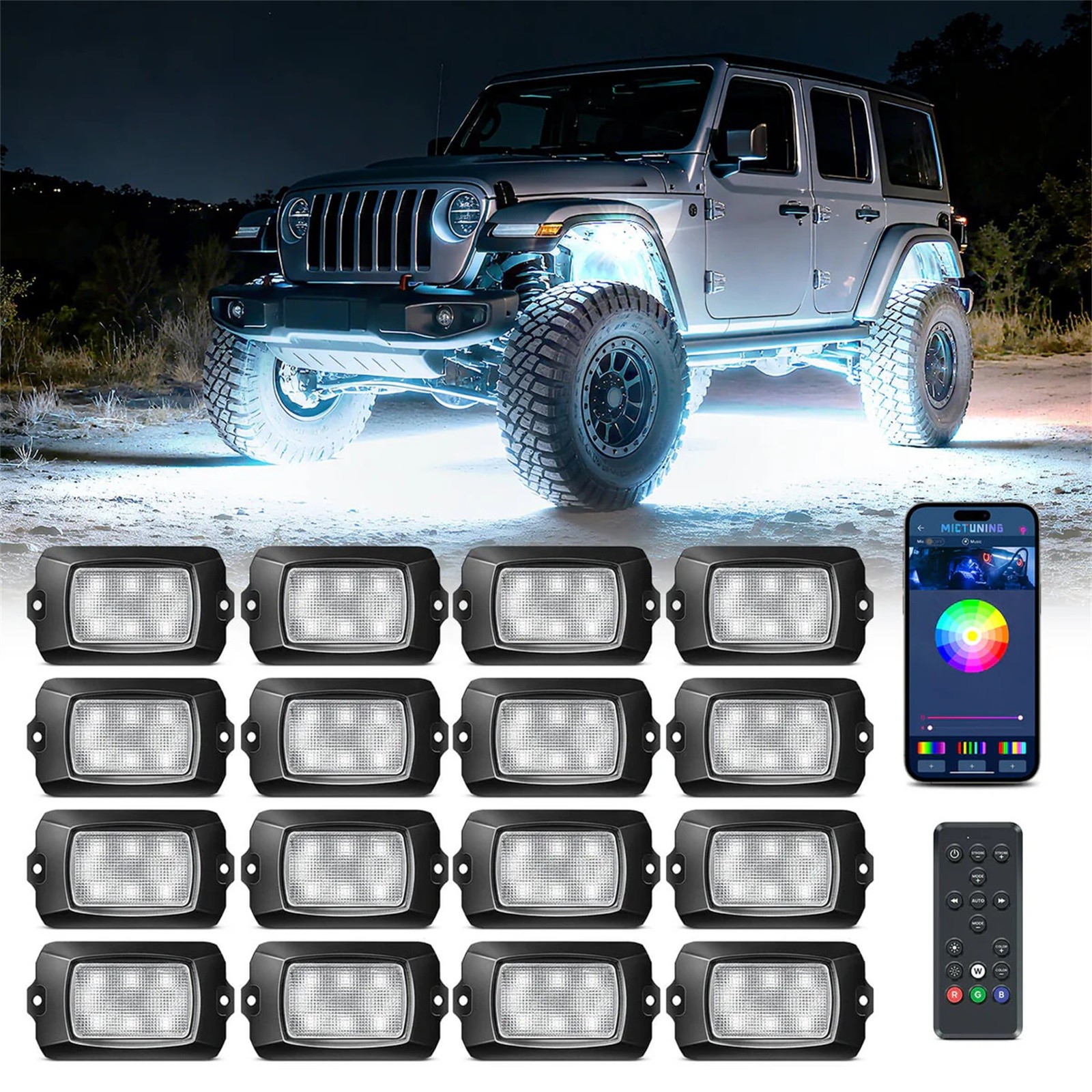 MICTUNING Rock Lights Kit Q1 RGB RGBW LED Off Road Underglow Neon Lamp w/ Remote