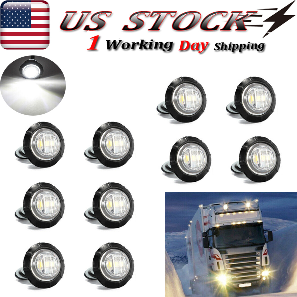 10x Round 3/4″ White LED Side Marker Lights Truck Trailer Bullet Clearance Light