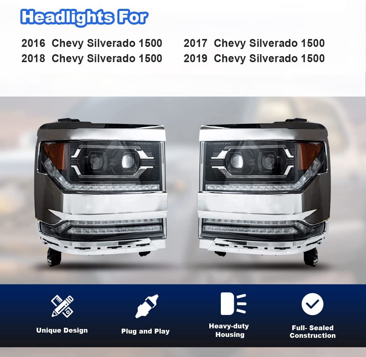 For 2016-2019 Chevy Silverado 1500 LED Headlights Chrome Trim Projector Headlamp
