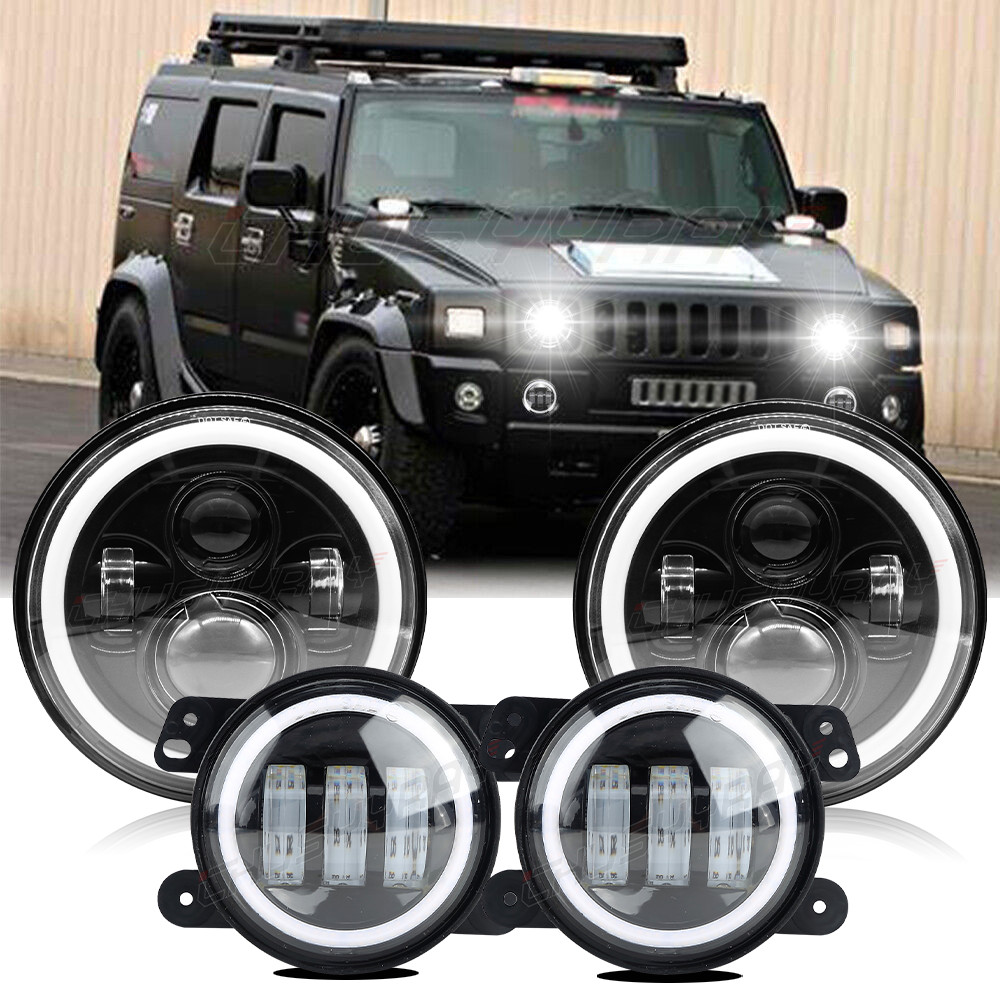 For Hummer H2 H3T 05-10 7″ INCH Halo LED Headlight DRL&4″ Fog Lights Combo Kit