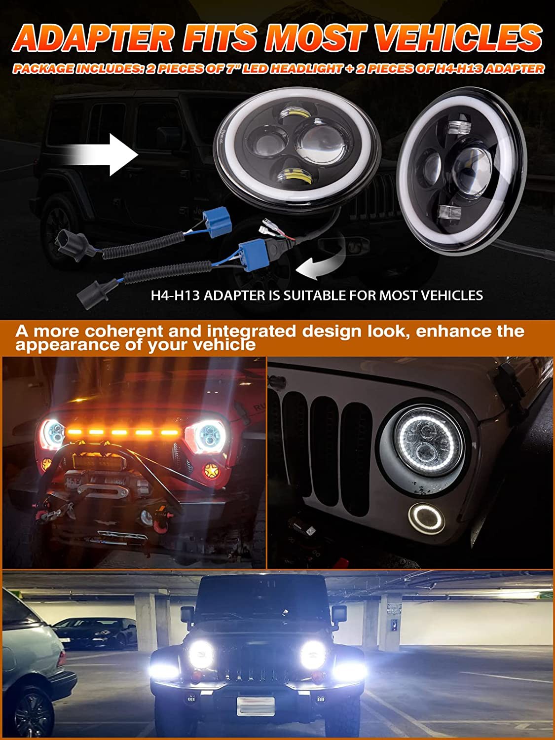 2x 7“LED Headlights HI&LO Fit Peterbilt 379 EXHD359 Old Style Round Guide