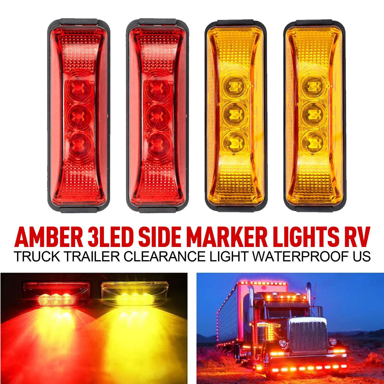 4PC 3LED Amber Side Marker Lights RV Truck Trailer Clearance Light Waterproof