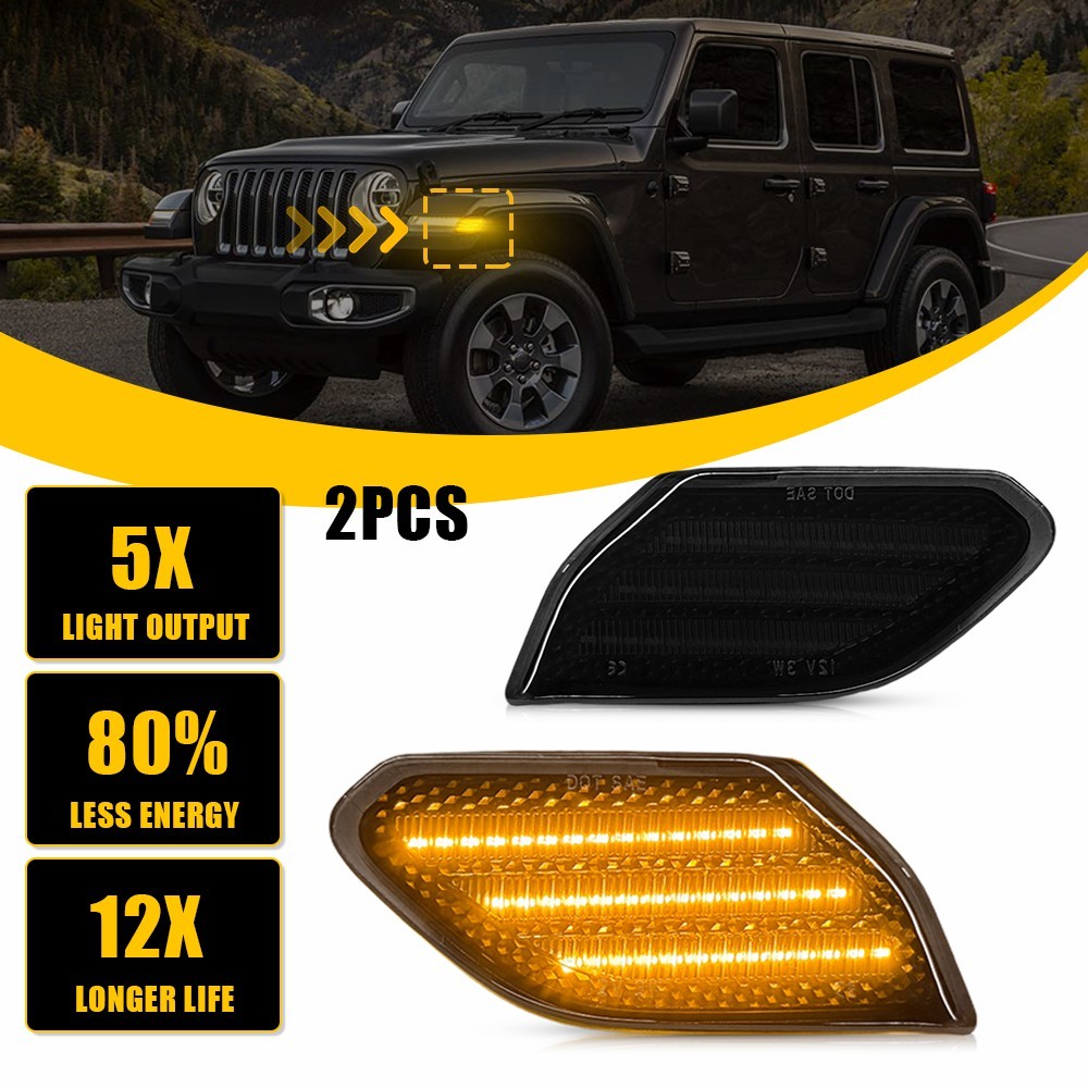 2Pcs Front Left Right Smoked LED Fender Side Marker Lights For 18+ JL / 20+ JT