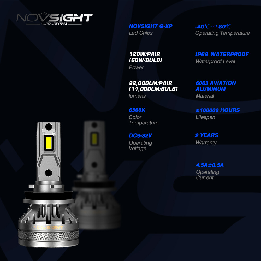 2PCS NOVSIGHT H11 H8 H9 LED Headlight Bulbs 120W 22000LM 6500K Low Beam Bulbs