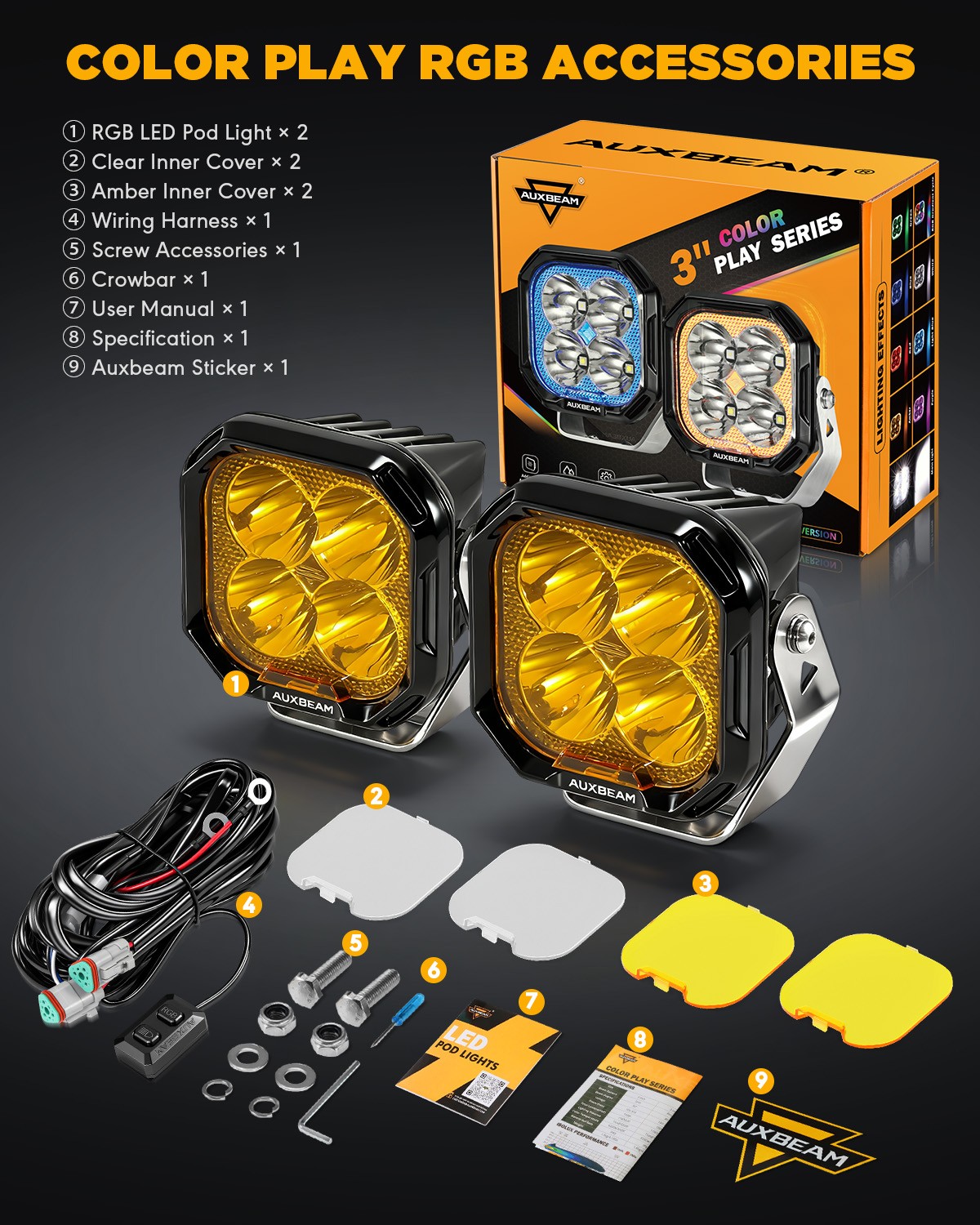 AUXBEAM 3″inch 116W RGBW LED Work Driving Lights Spot Cube Pods Gradient Cycle