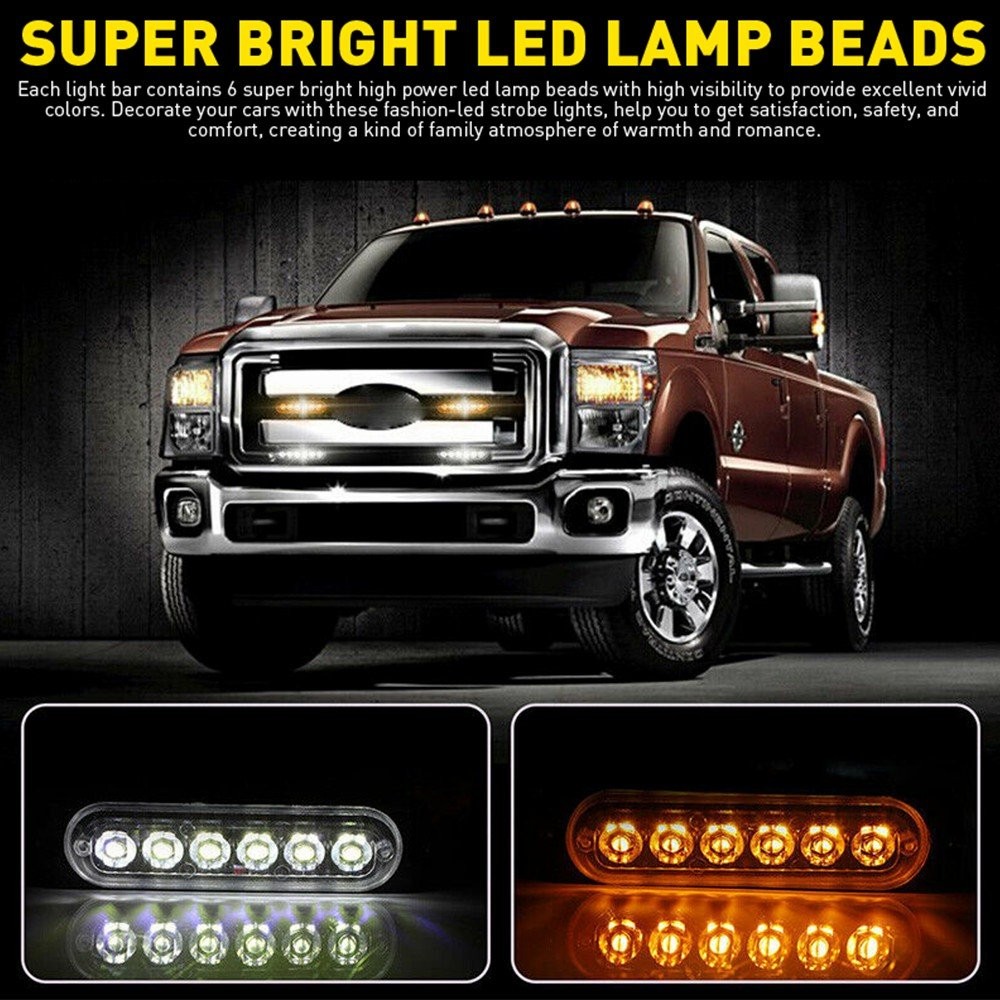 4PCS 6-LED STROBE LIGHTS WARNING FLASHING BEACON AMBER WHITE 12V REMOTE CONTROL