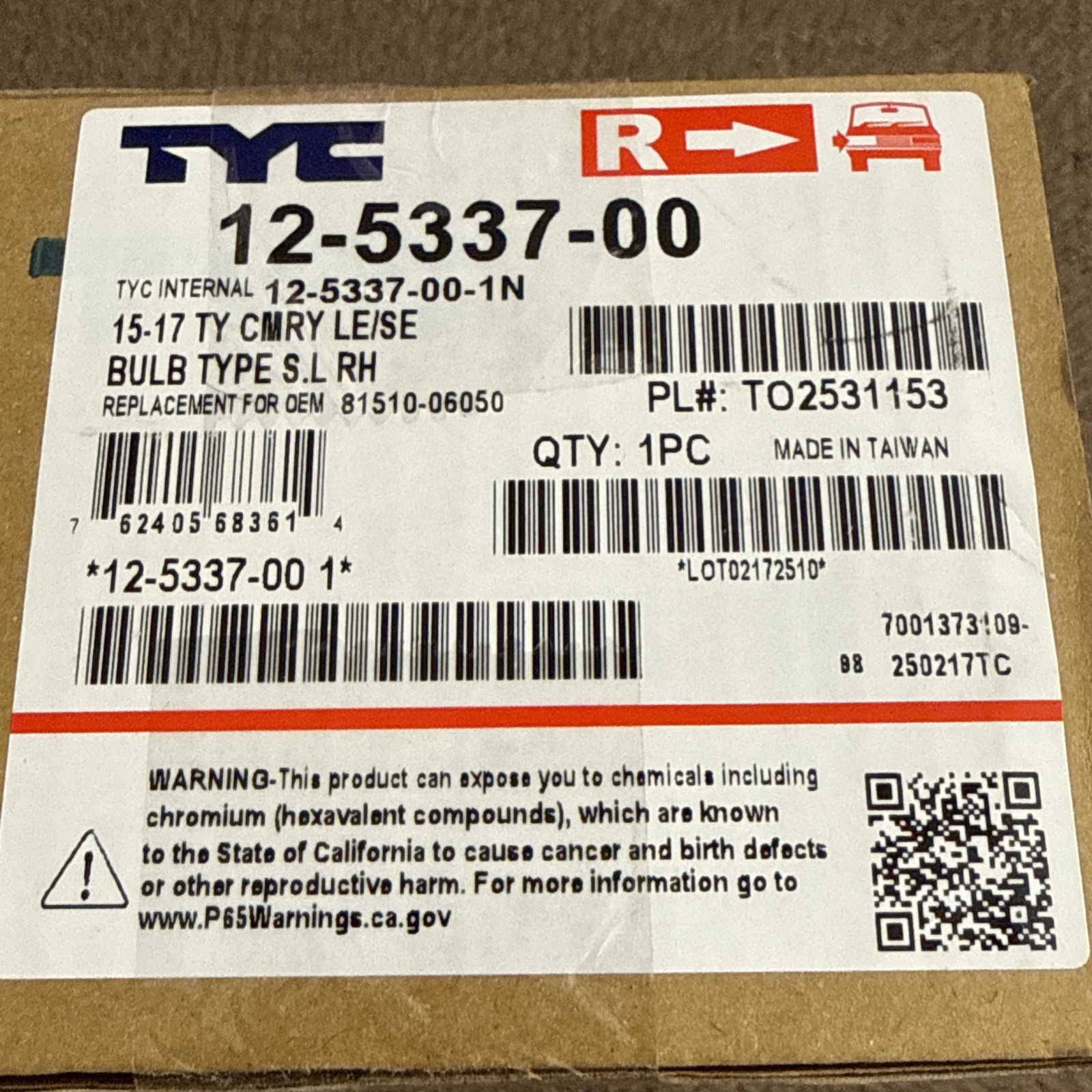 TYC 12-5337-00 15-17 Ty LE SE Bulb Type S.L RH – OEM 81510-0605O – Toyota Camry