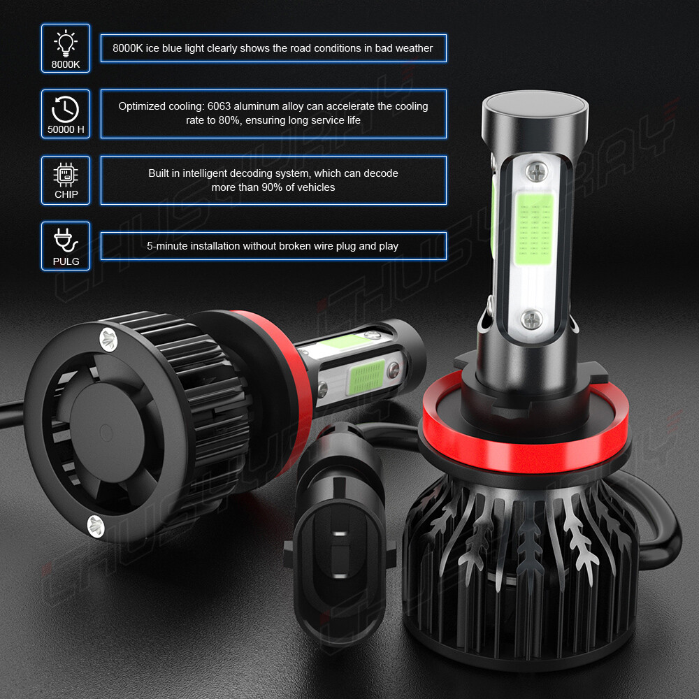 4PCS Mini Combo 9005+H11 LED Headlight Kit High Low Beam Bulbs ICE BLUE 8000K