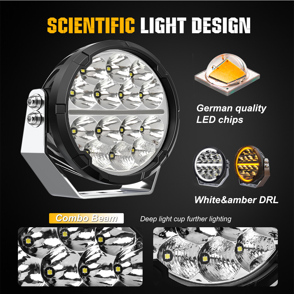 2x 6.5″ Round LED Driving Lights Spot Flood Combo Beam Offroad White Amber DRL