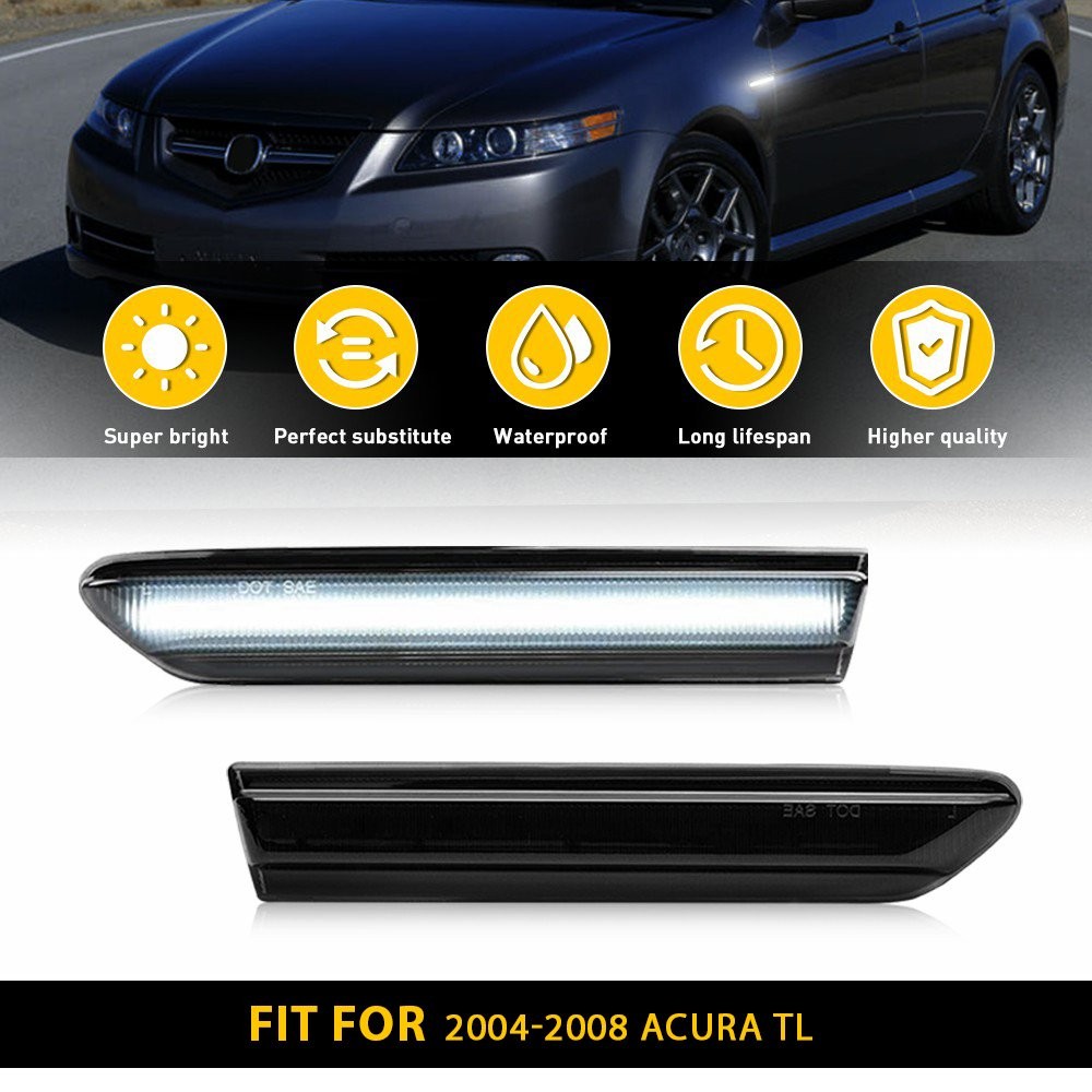 2pcs Smoked Lens White Fender LED Front Side Lights Marker For 2004-08 TL Acura