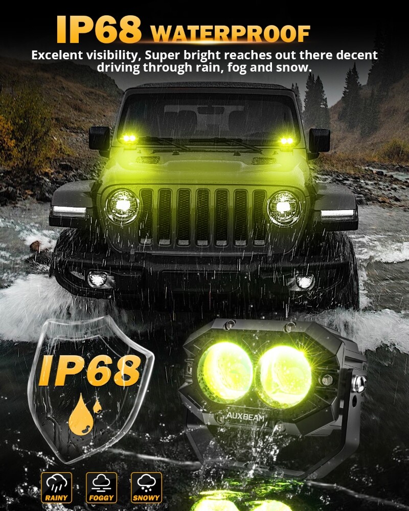 AUXBEAM 4″ LED Pods Light Bar Amber Yellow Fog Lamp Offroad Driving Truck ATV