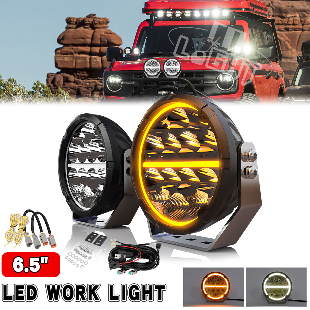 2x 6.5″ Round LED Driving Lights Spot Flood Combo Beam Offroad White Amber DRL