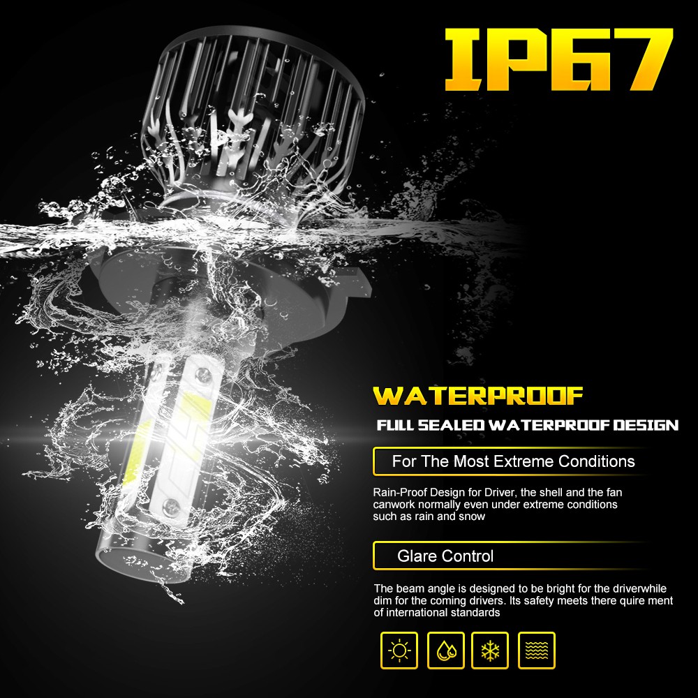 H4 LED Headlight Bulbs 6000K Cold White 120W 8000LM IP68 High Low Beam