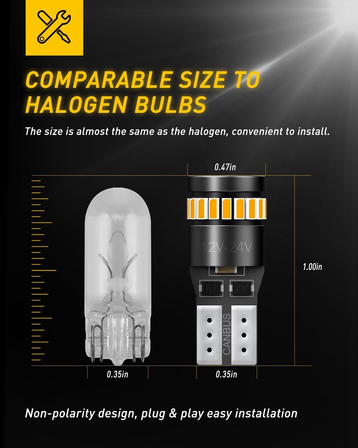 AUXITO Canbus LED Front Sidemarker Light Bulbs 168 192 2825 2821 T10 3000K Amber