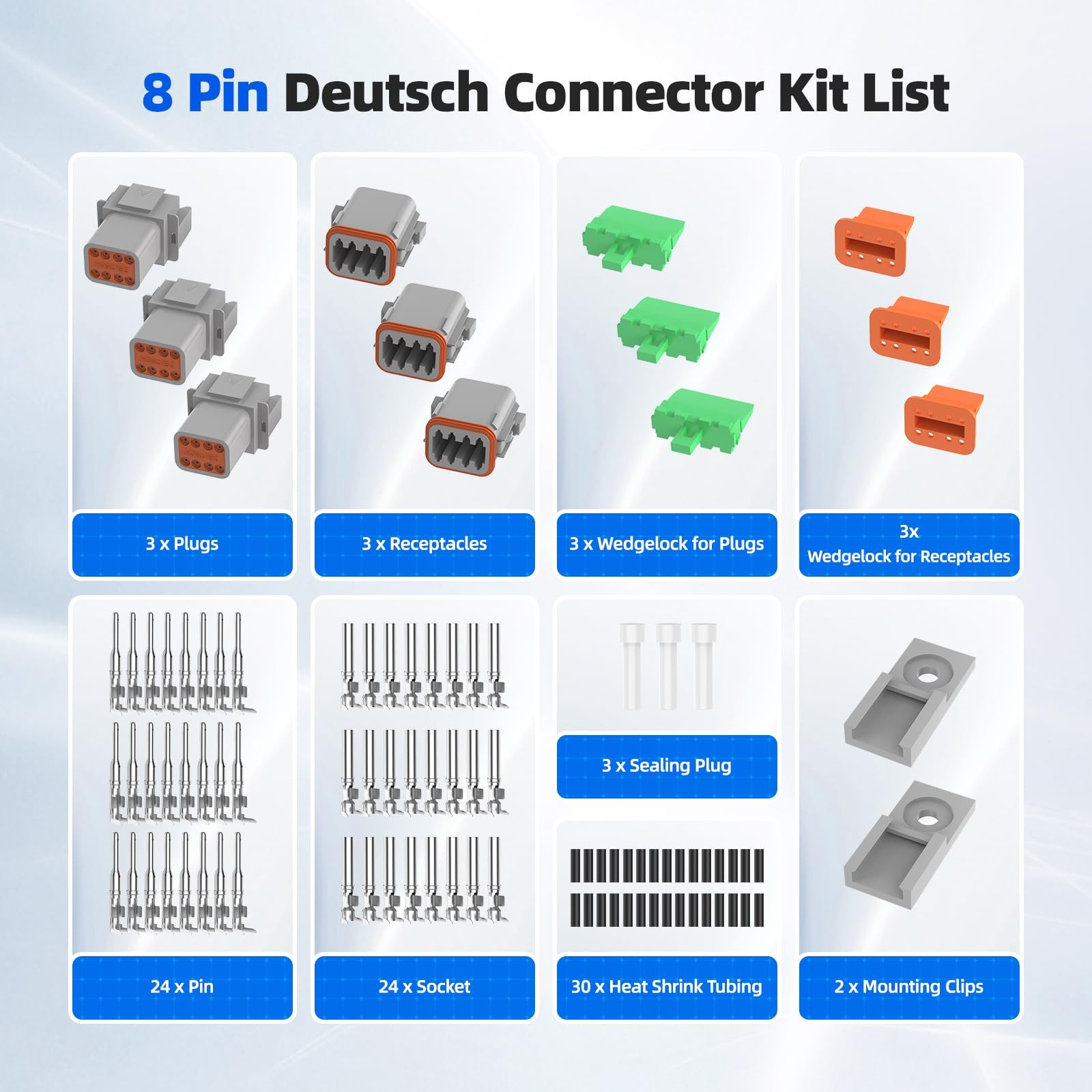 3 Set 8 Pin Gray Deutsch Waterproof Connector Kit Size 16 Contacts 1420AWG