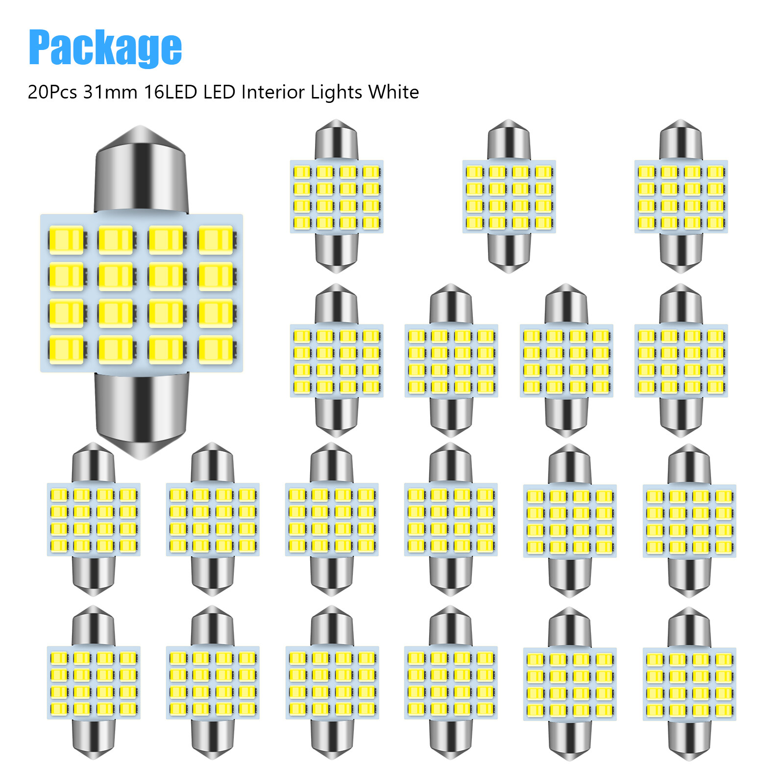 20X White 31MM 16SMD LED Car Interior License Plate Dome Map Light Bulbs 6000K