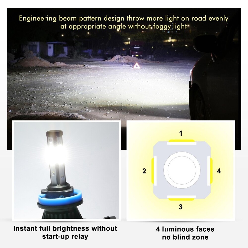 4-Side H9 H11 LED Headlight High Low Beam Bulb Super Bright 6500K White 360000LM
