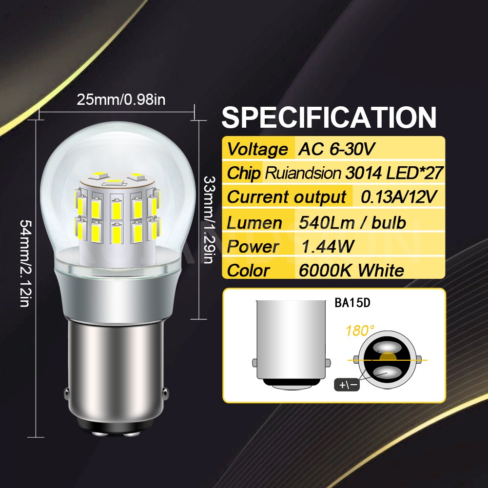 Ruiandsion BA15D LED Bulb 540LM 6000K White 27SMD For Car Boat RV Interior Light