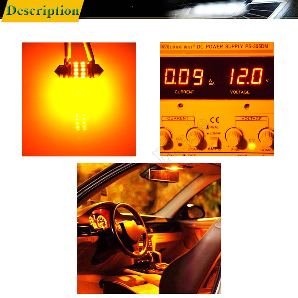 2 X 31mm C5W LED Bulbs For Car Festoon Dome Map Lights Amber Yellow Orange 12V