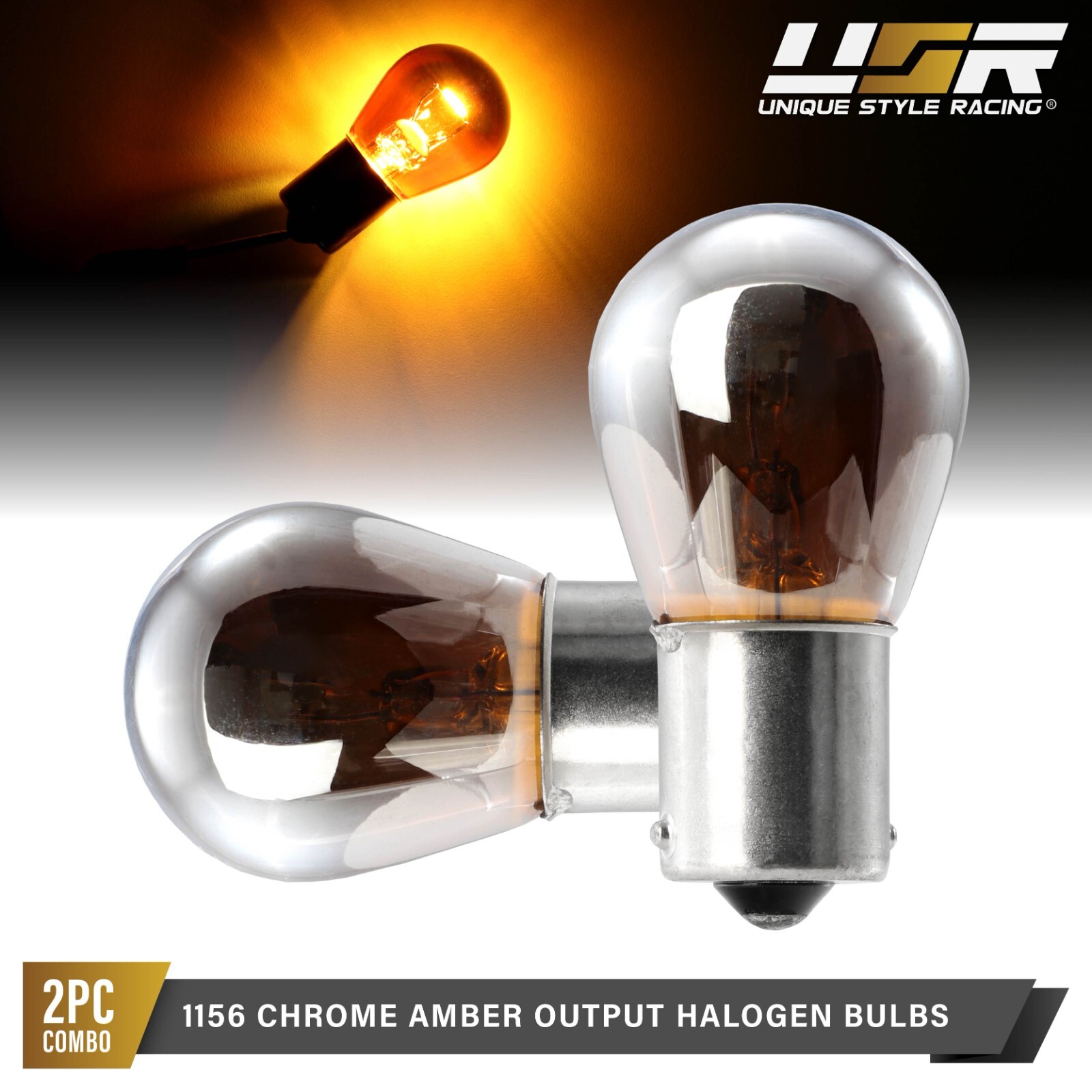 7506 / 1156 Straight Pin Single Filament Stealth Chrome Amber Halogen Bulbs Pair