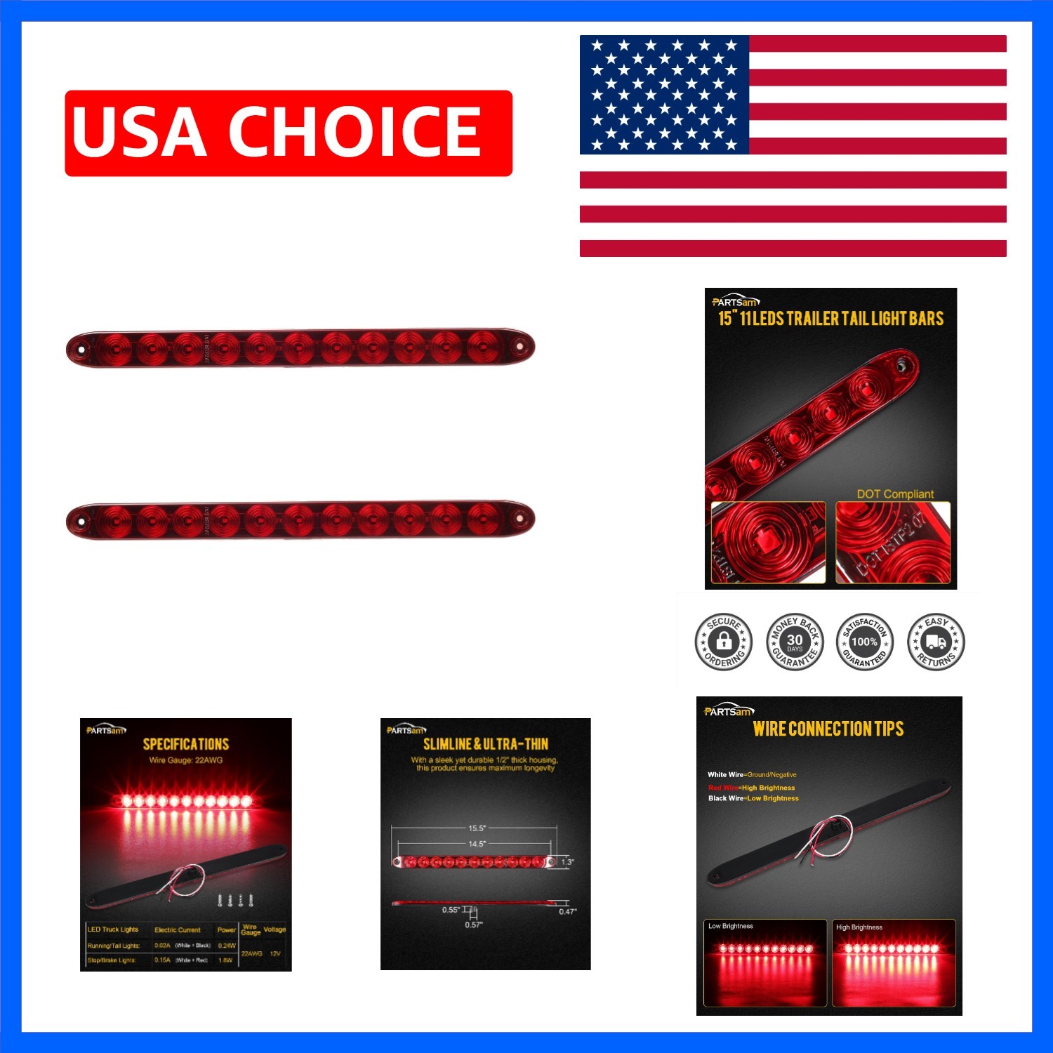2PCS Red 15″ 11 LED Trailer Light Bar Sealed Stop Turn Tail Park Third 3rd Br…