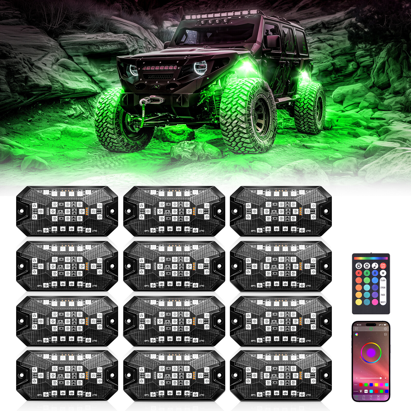 12 Pods Full Angle RGBW LED Rock Lights Wheel Well Lights APP/RF Remote Control