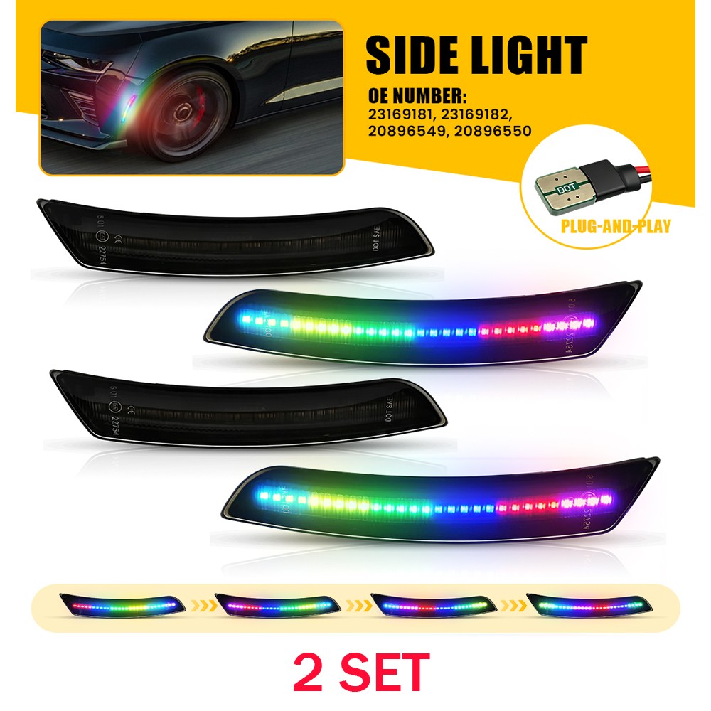 Fits 2016-23 Camaro 8X Smoked Colorful Flowing LED Front+Rear Side Marker Lights