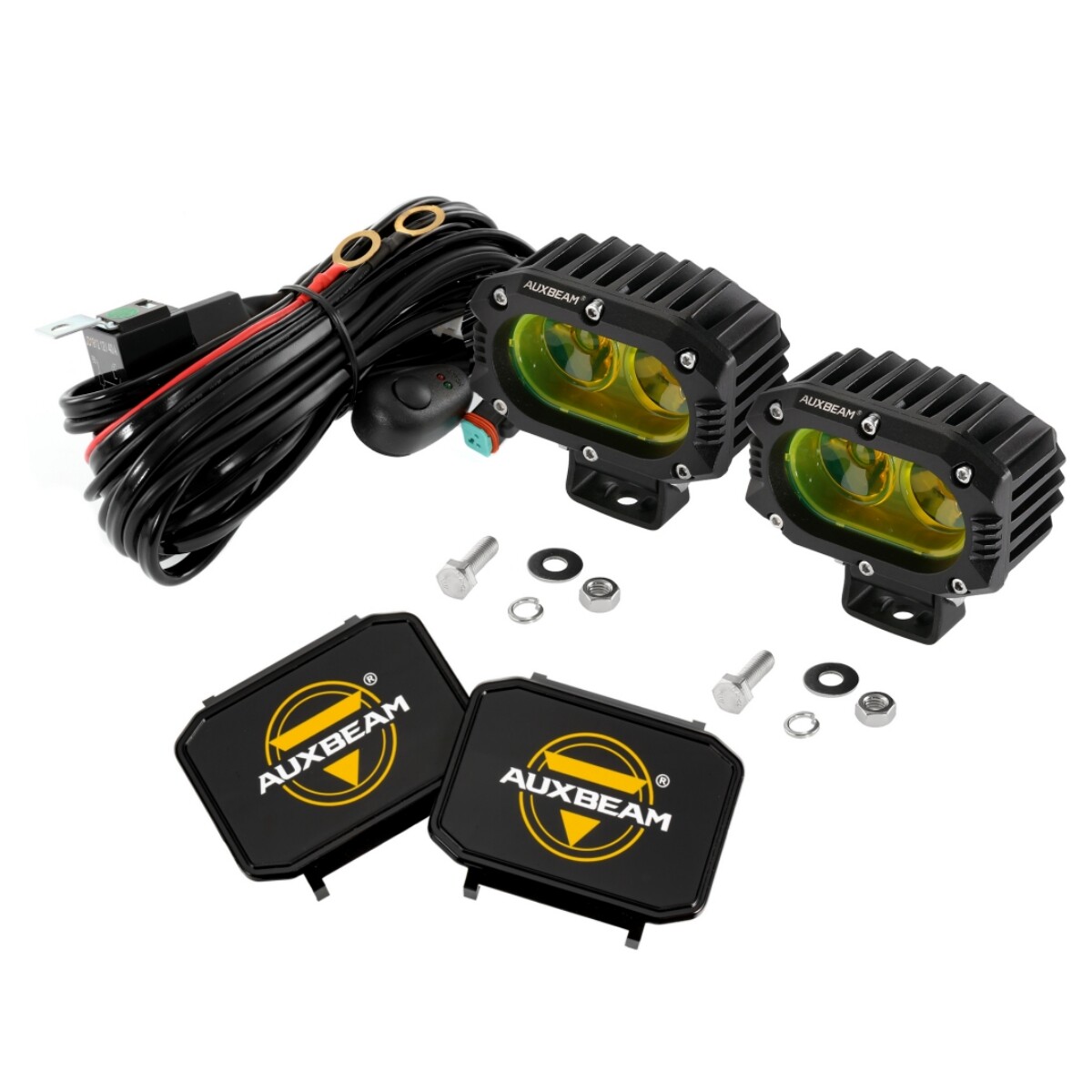 2x AUXBEAM 4″ Amber LED Pods Light Bar Flood Driving Lights + 2x Covers for Jeep