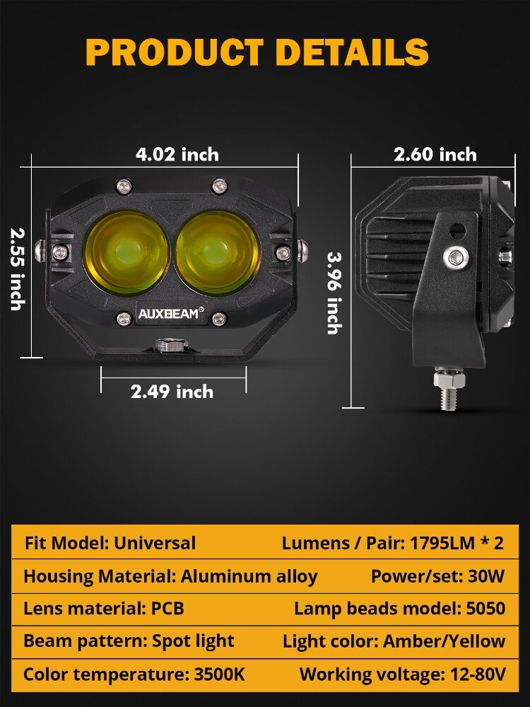 AUXBEAM 4″ LED Pods Light Bar Amber Yellow Fog Lamp Offroad Driving Truck ATV
