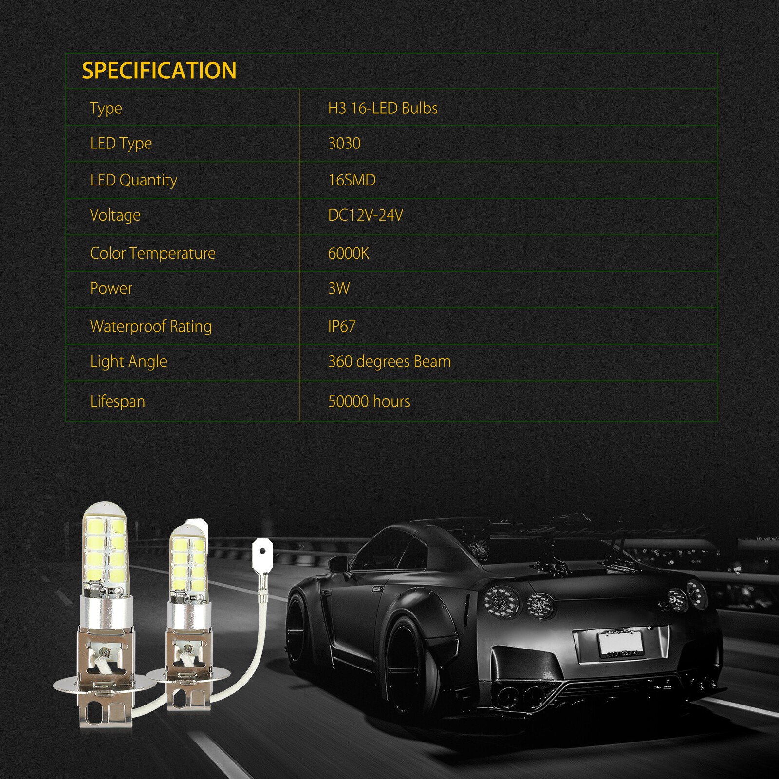 2PCS H3 16-SMD LED Fog Driving Light Bulbs Conversion Kit DRL 6000K Bright White