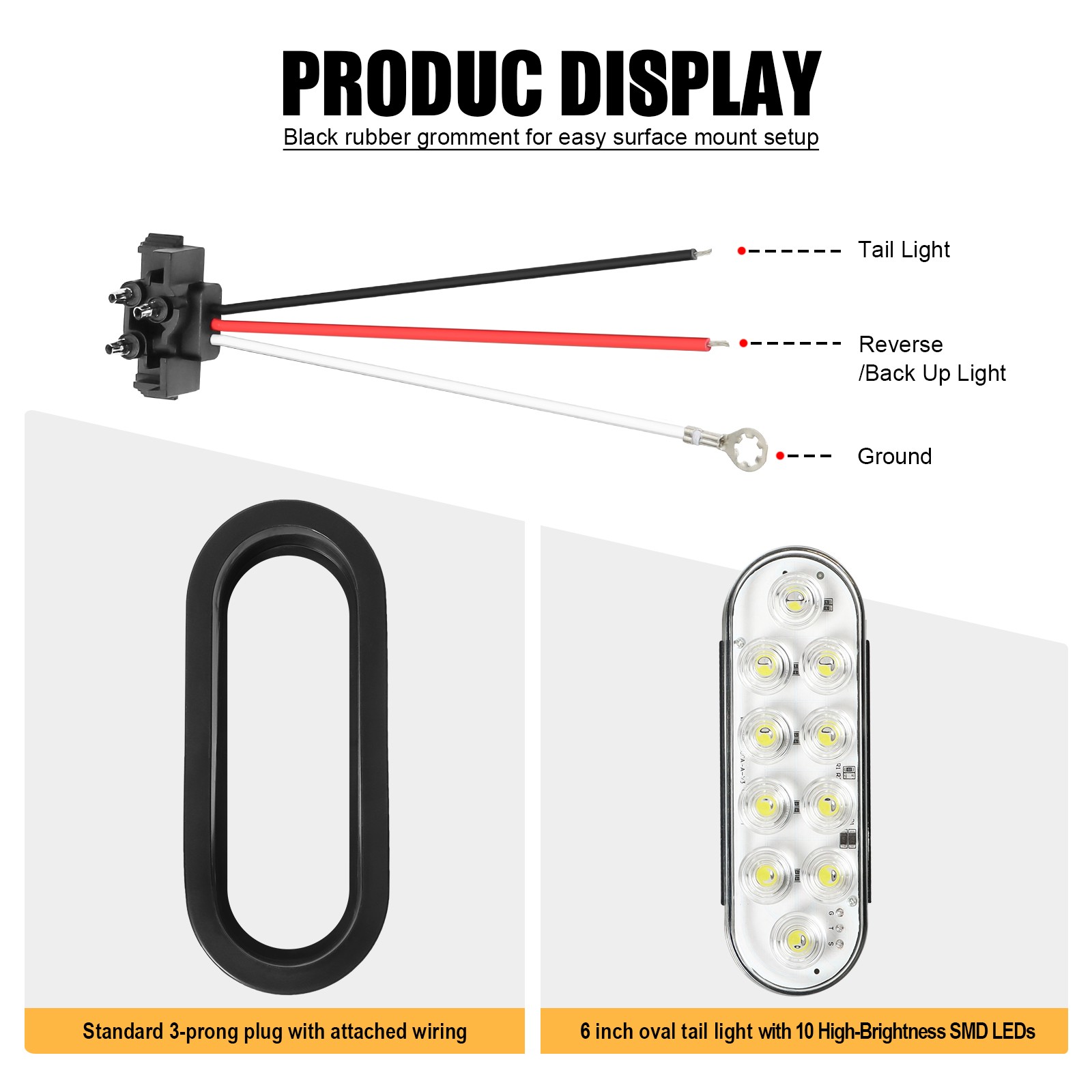 10x White 6″ Oval Trailer Lights 10 LED Stop Turn Tail Truck Sealed Grommet Plug