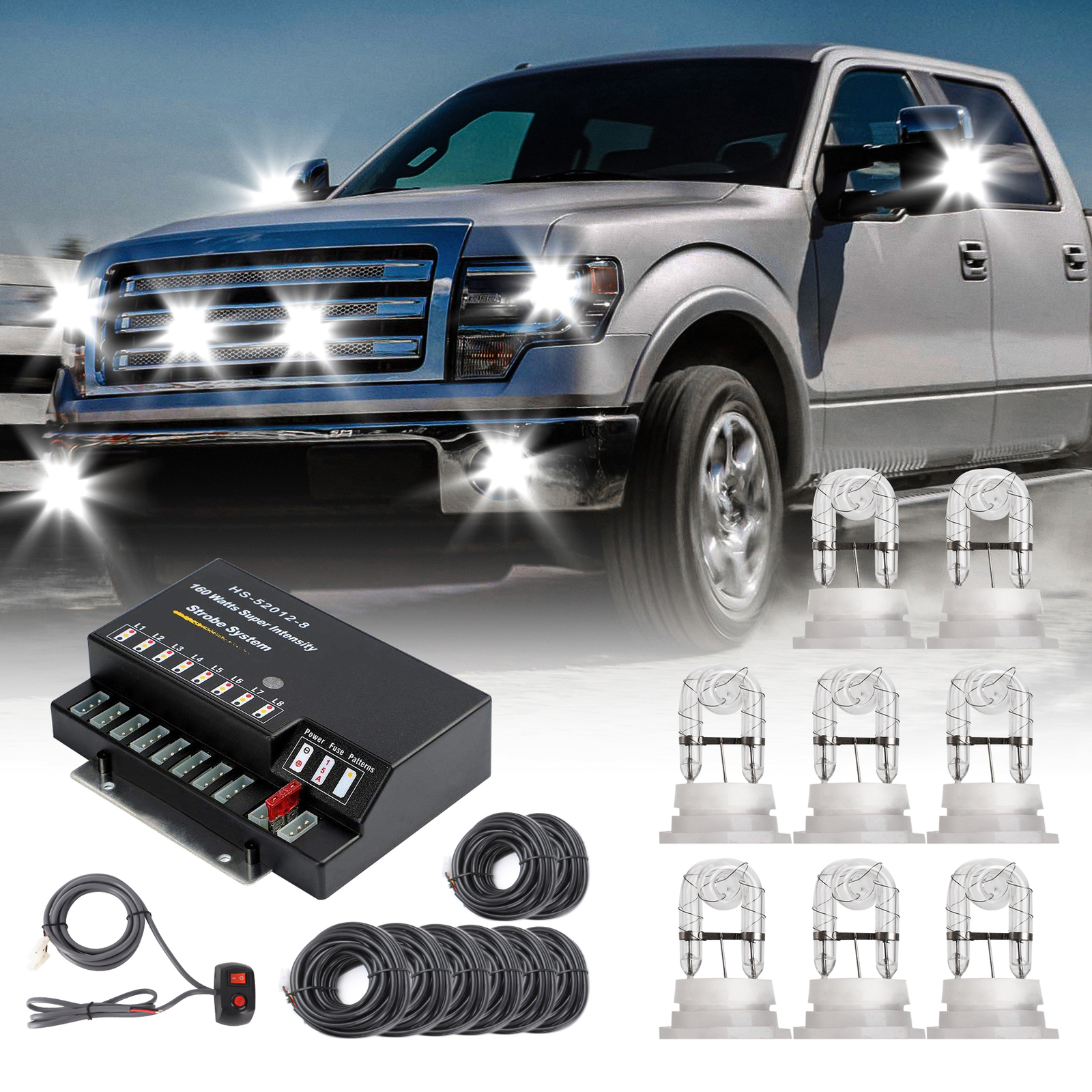 8 PACK HID Hazard Strobe Lights Kit White Emergency Warning Hideaway Driving