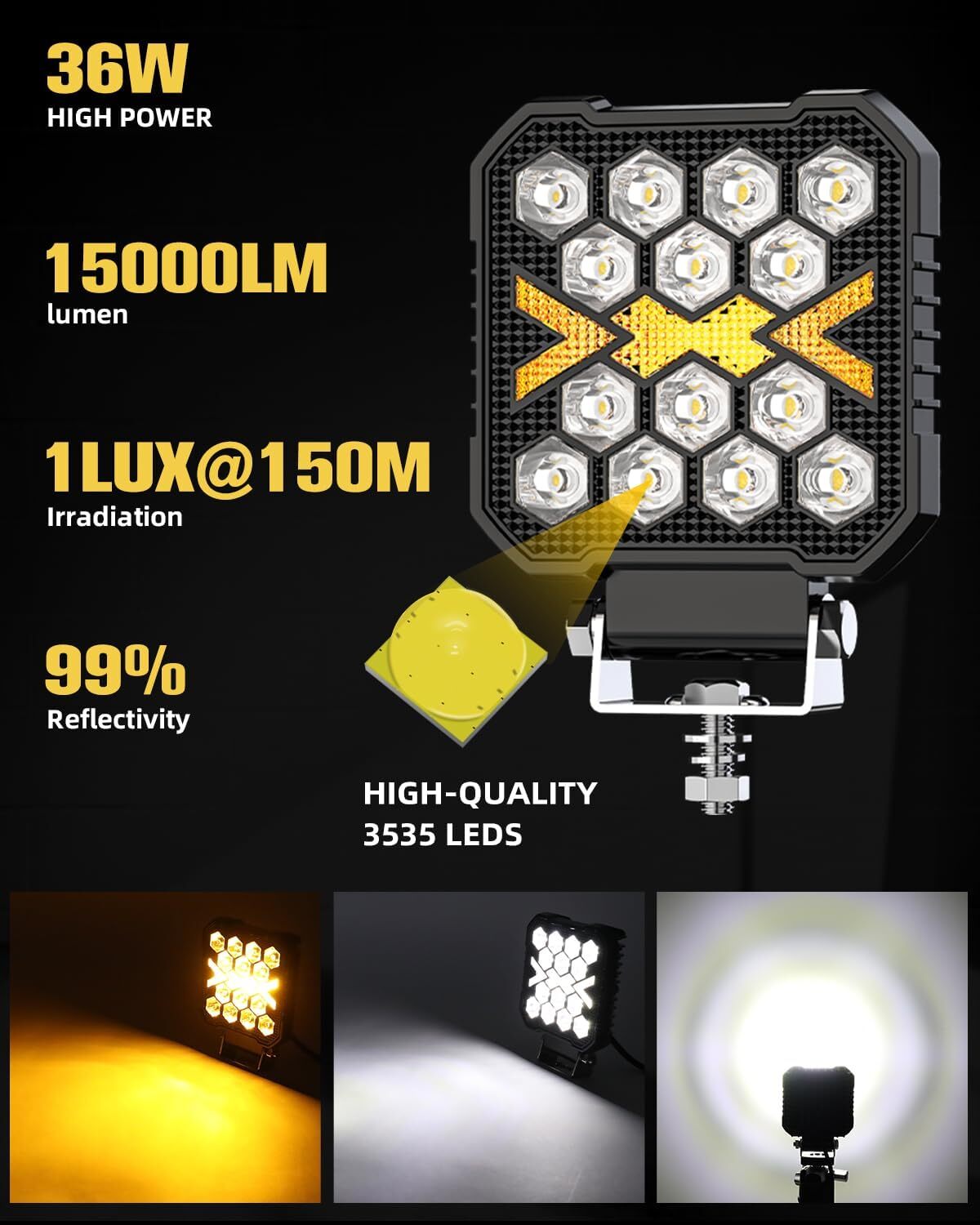 2X 4″ Tractor Lights Pod LED Flood Work W/Amber Auxiliary Spot for Truck SUV ATV