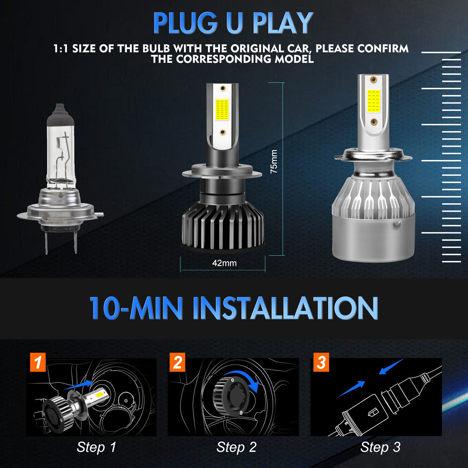 H7 H11 LED Headlights High Low Beam Conversion Kit 6000LM Bright White Bulb 4Pcs