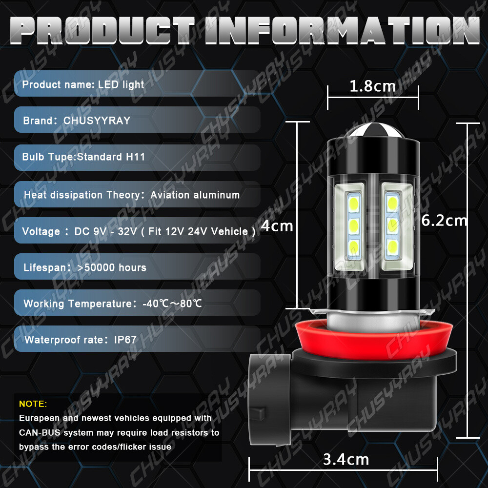 H11 H8 H9 160W High Power 6000K HID White LED Fog Light Bulbs Driving Lamp DRL