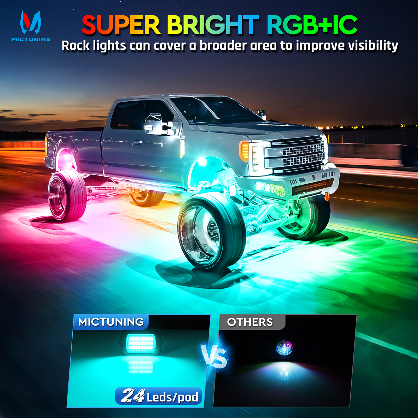 MICTUNING RGB/RGB+IC LED Rock Lights, 8/12/16/20 Pods Underglow Led Chasing Lamp
