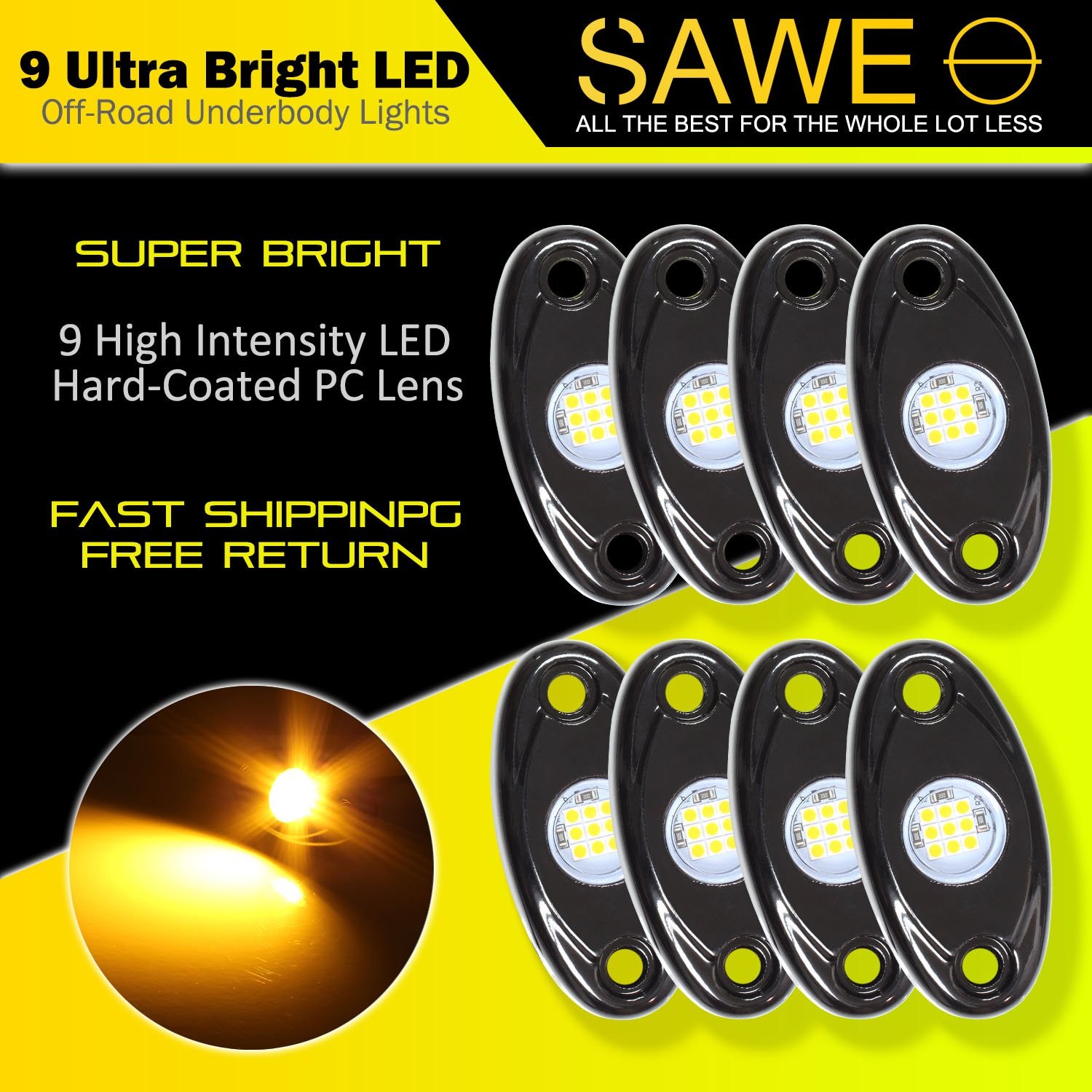 8x Amber LED Rock Light Pods Lights For JEEP Off Road Truck ATV Under Body Wheel