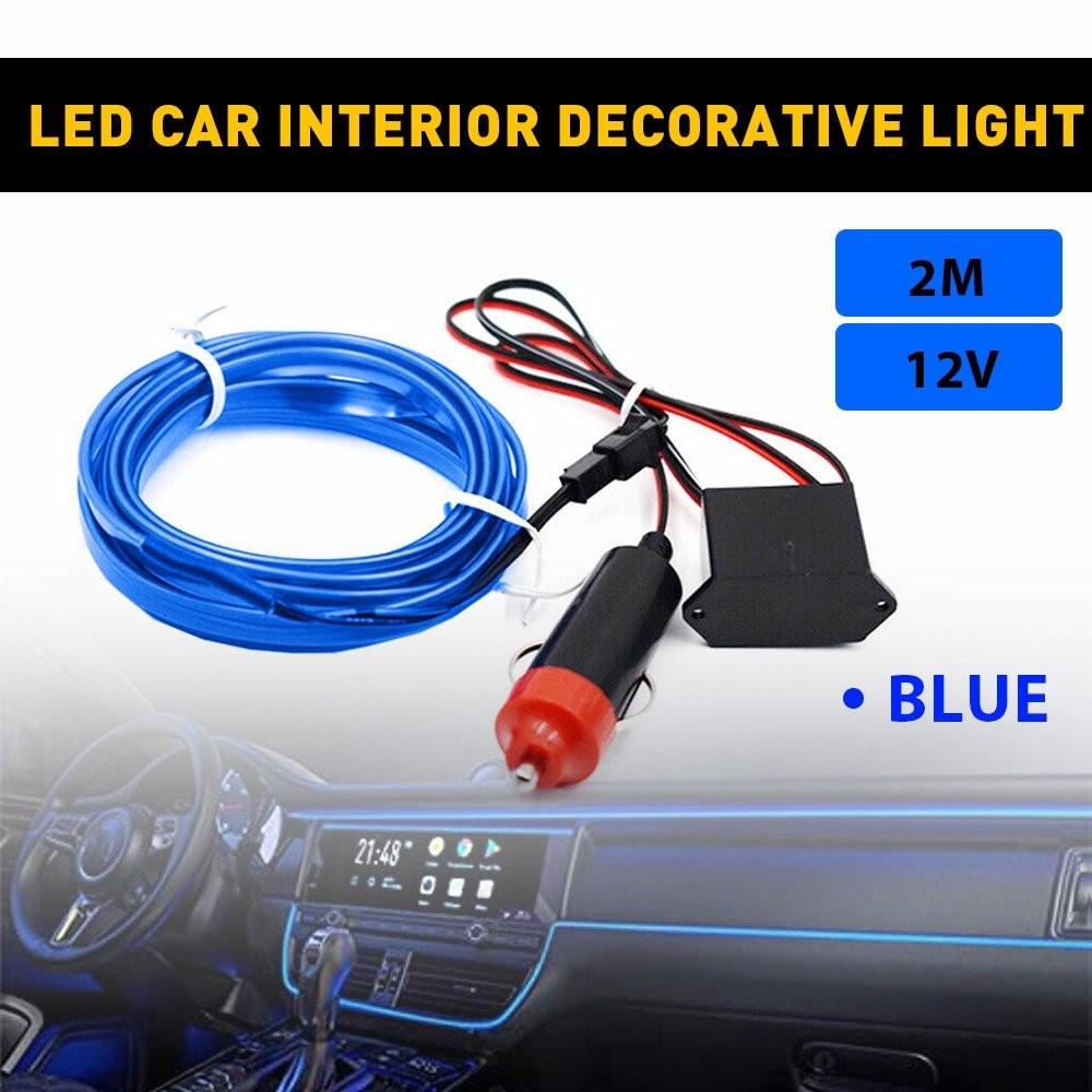 2m Blue LED Car Interior Decorative Atmosphere Wire Strip Light Accessories US