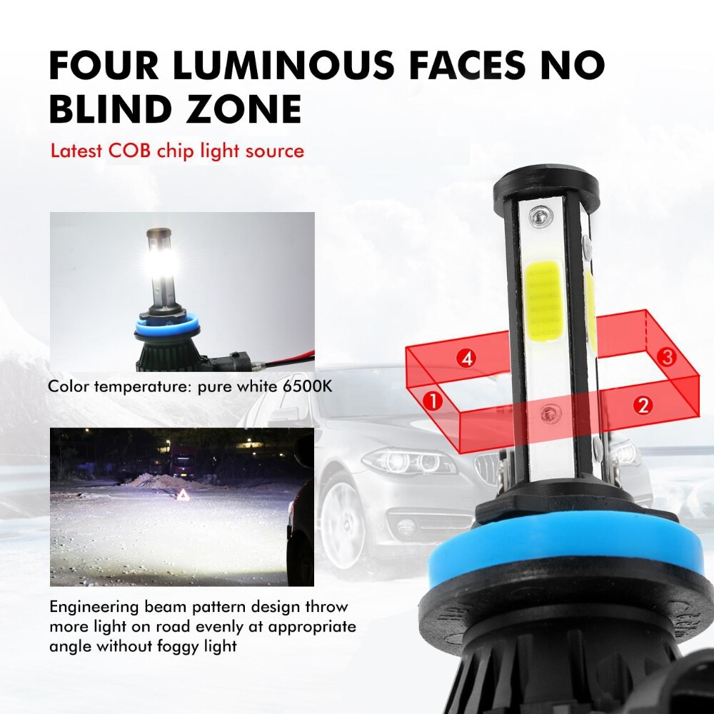 IRONWALLS 4-sides LED Bulbs H11 H9 Headlight High or Low Beam Bright White 6500K