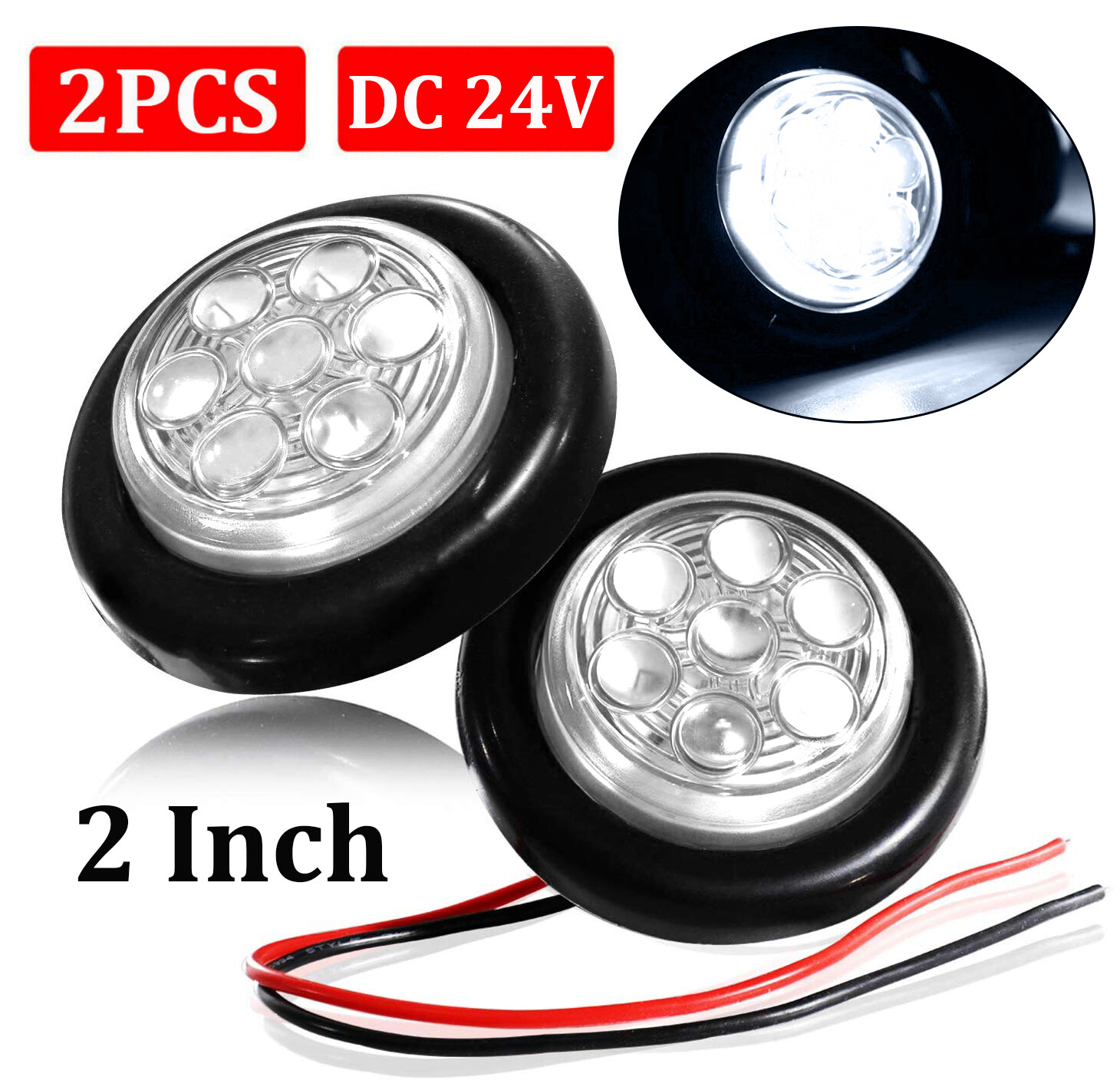 2x 2″ Inch Clear White LED Round Clearance Side Marker Lights Truck Trailer 24V