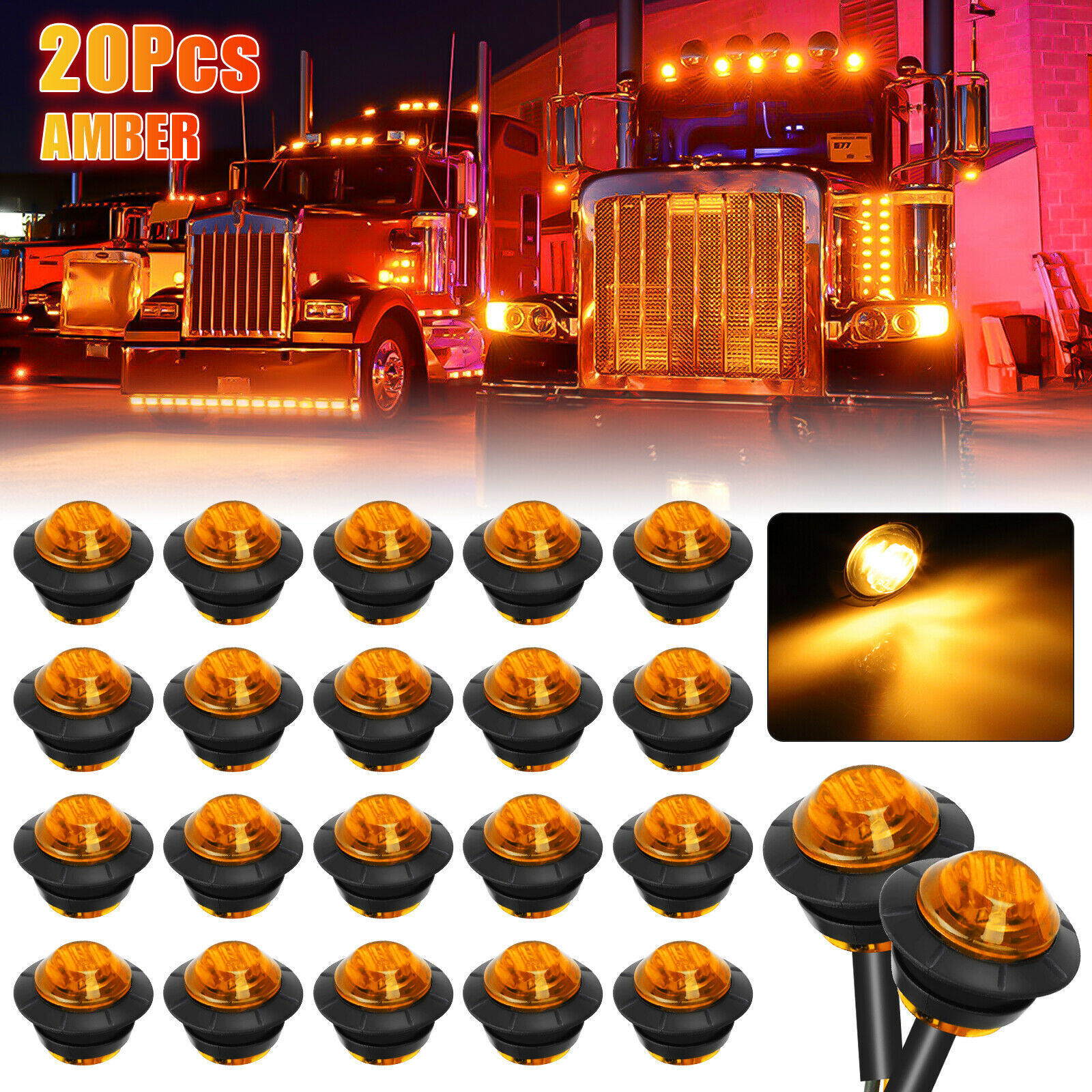 20X 3/4″ LED Side Marker Lights Truck Trailer Round Amber Bullet Clearance Lamp
