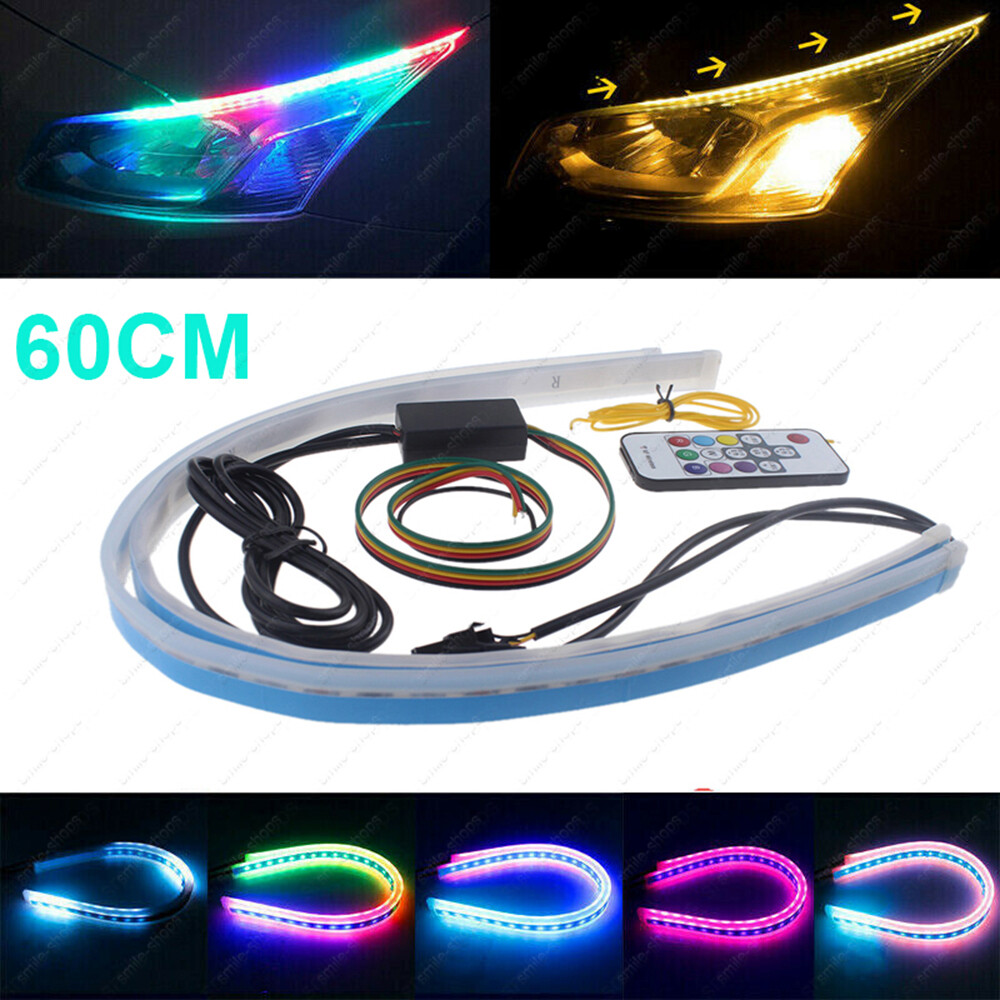 2pcs 60cm RGB Multi-Color Flexible Tube LED DRL Strip Light Flowing Turn Signal