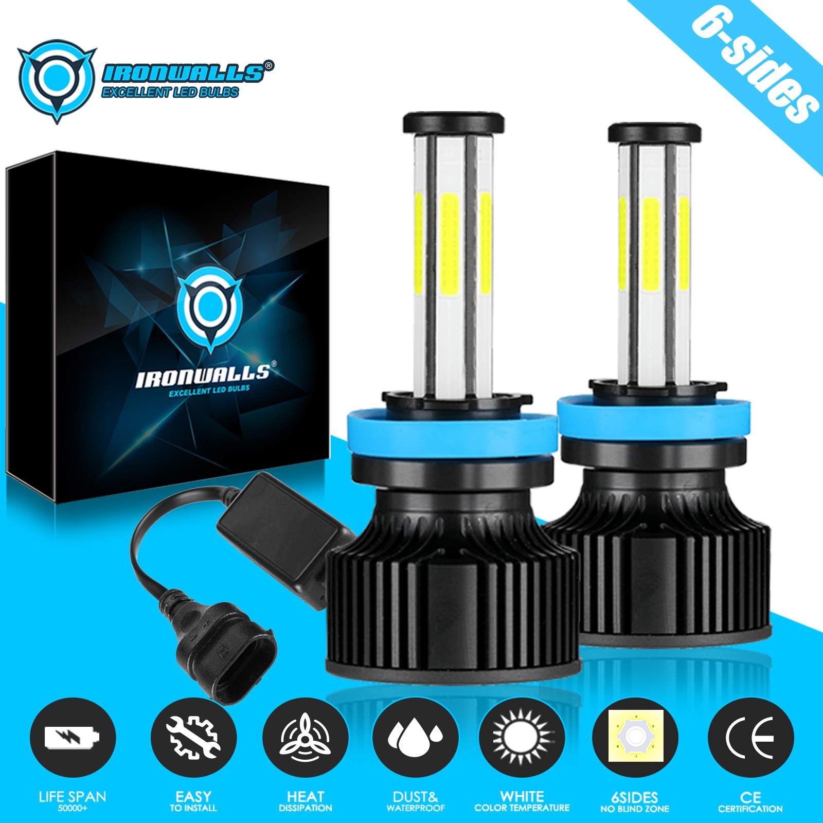 2x IRONWALLS 6-sides H11 LED Headlight Conversion Kit Low Beam Bulbs White 6500K