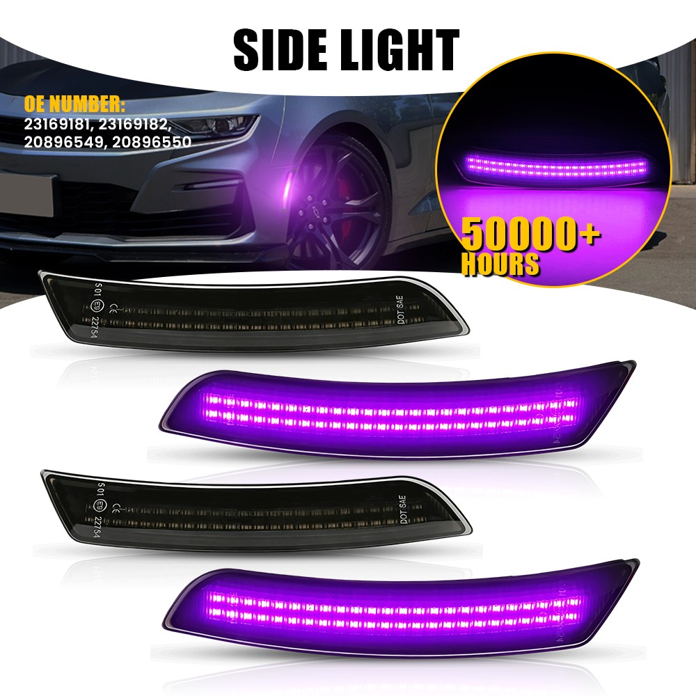 For 2016-22 2023 Chevy Camaro 4x Solid Purple LED Side Marker Lights Smoked Lens